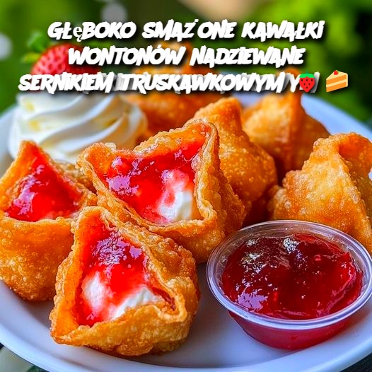 Głęboko smażone kawałki wontonów nadziewane sernikiem truskawkowym 🍓🍰