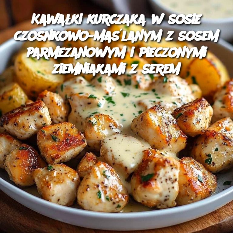 Kawałki Kurczaka w Sosie Czosnkowo-Maślanym z Sosem Parmezanowym i Pieczonymi Ziemniakami z Serem