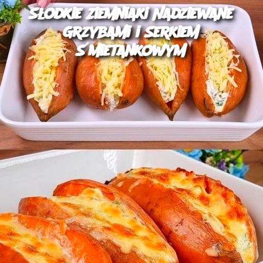 Słodkie ziemniaki nadziewane grzybami i serkiem śmietankowym