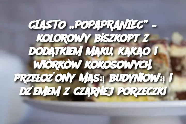 Ciasto „Popapraniec” – Kolorowy Biszkopt z Makowym, Kakao i Kokosem, Przełożony Masą Budyniową i Dżemem z Czarnej Porzeczki