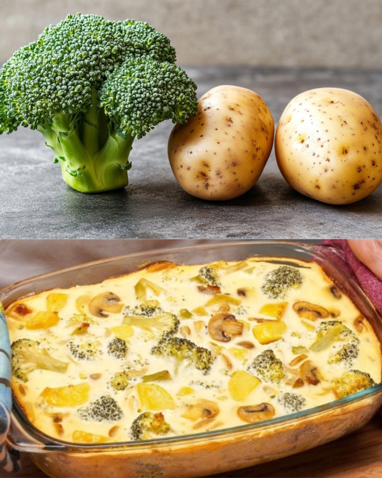 Zapiekanka ziemniaczano-brokułowa z pieczarkami i koperkiem
