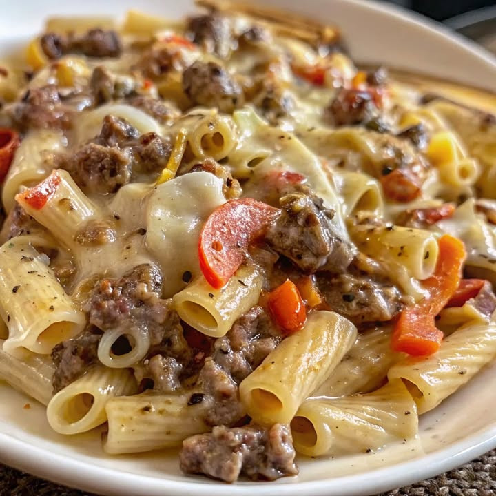 Sycący makaron Philly Cheesesteak z kremowym sosem serowym provolone